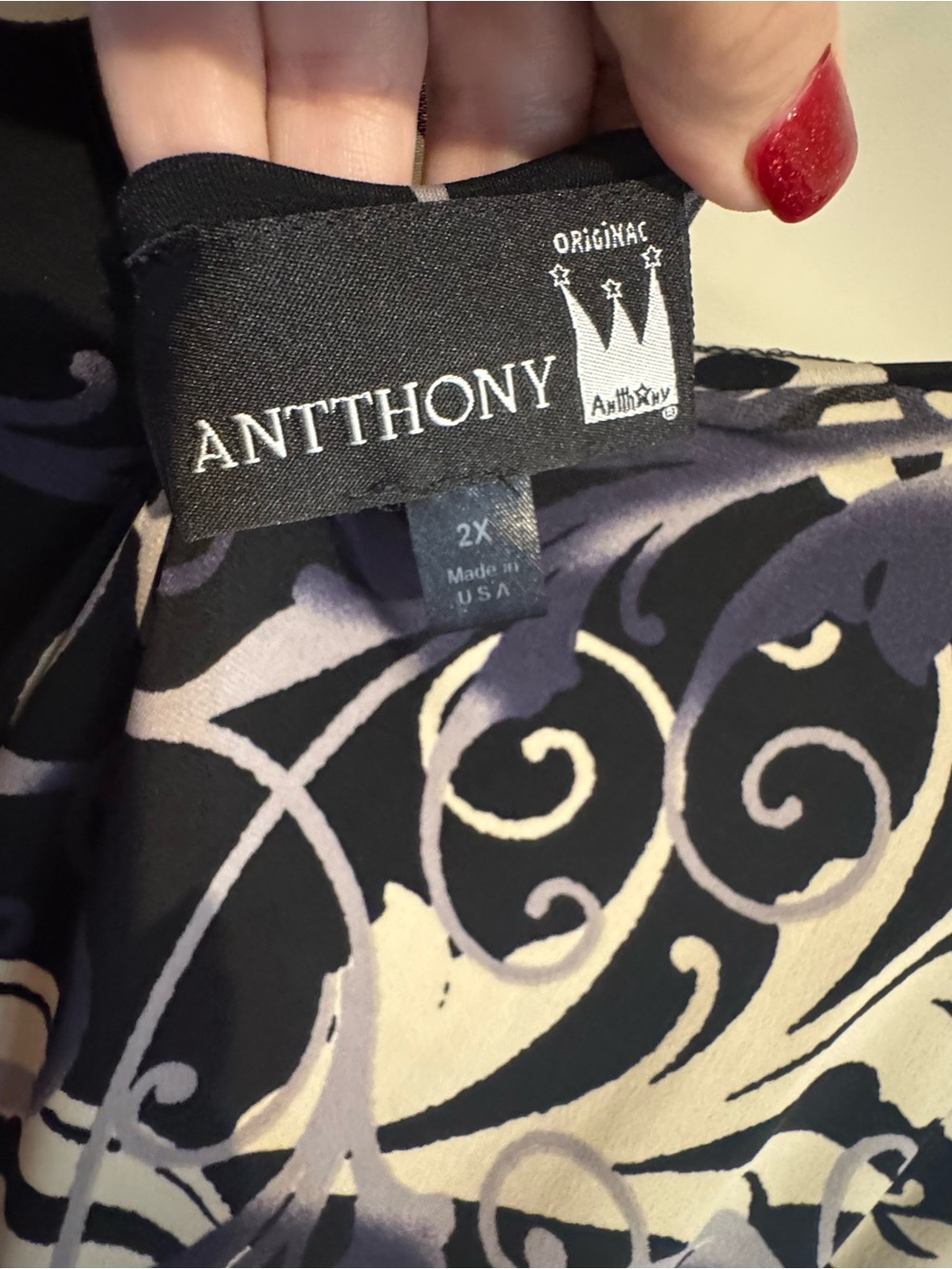 ANTTHONY BLACK PURPLE & CREAM SWIRL PRINT TUNIC TOP PLUS: 2X #Z - Picture 7 of 7